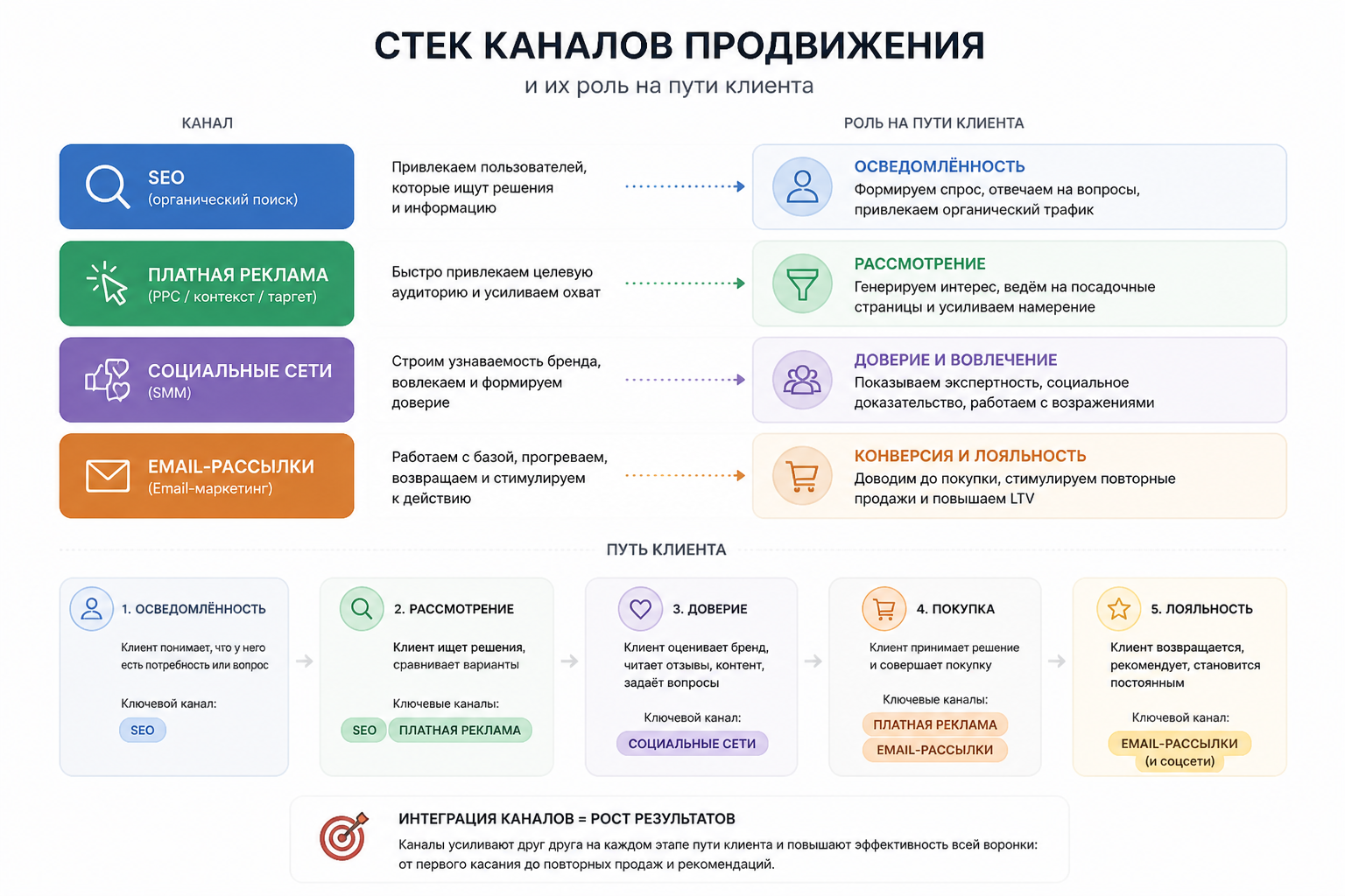 схема стека каналов продвижения — SEO, платная реклама, социальные сети, email — с указанием их роли на пути клиента