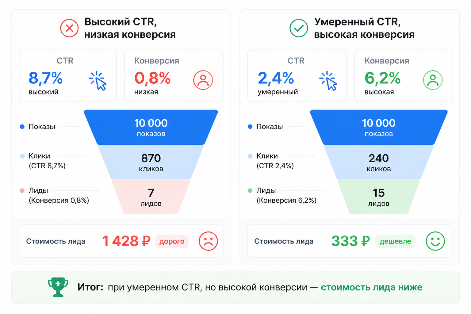 Два графика рядом: слева высокий CTR при низкой конверсии, справа умеренный CTR при высокой конверсии — итоговая стоимость лида ниже справа