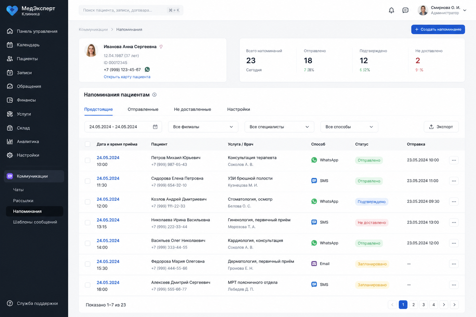 скриншот интерфейса CRM или МИС клиники с модулем напоминаний пациентам о приёме