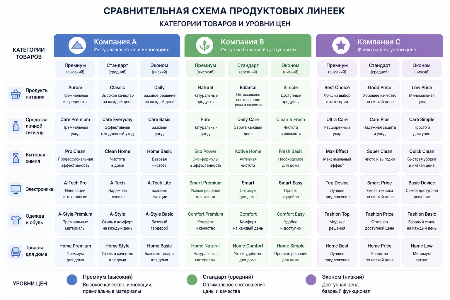Сравнительная схема продуктовых линеек трёх условных компаний с категориями товаров и уровнями цен