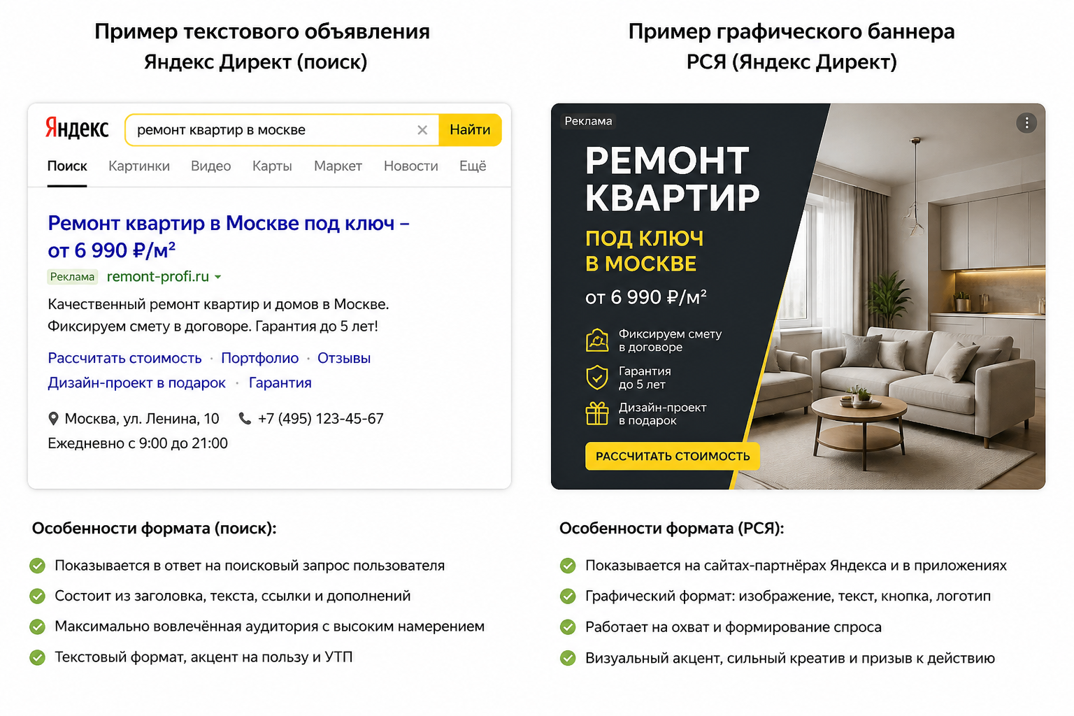 Коллаж — пример текстового поискового объявления Яндекс Директ слева и пример графического баннера в РСЯ справа для наглядного сравнения форматов