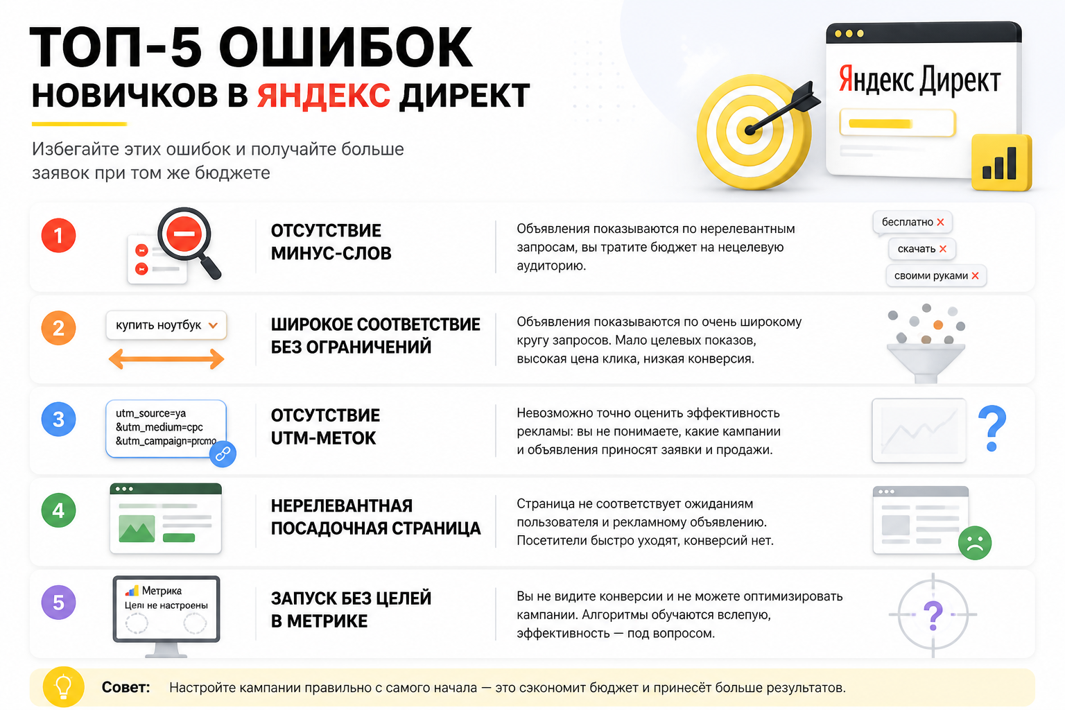 Инфографика — топ-5 ошибок новичков в Яндекс Директ: отсутствие минус-слов, широкое соответствие без ограничений, отсутствие UTM-меток, нерелевантная посадочная страница, запуск без целей в Метрике