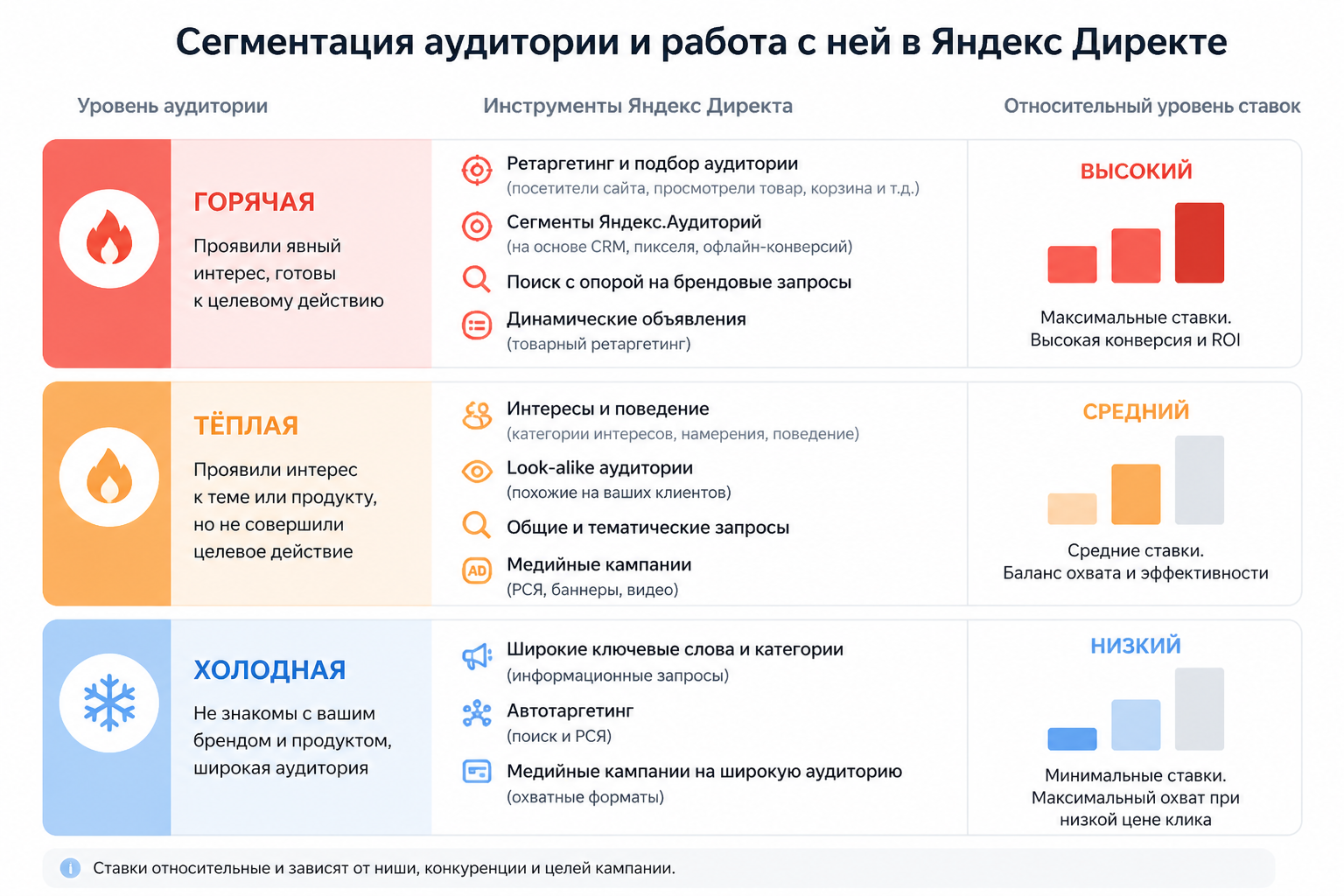 Схема сегментации аудитории: три уровня горячая, тёплая, холодная с указанием инструментов Директа и относительного уровня ставок для каждого