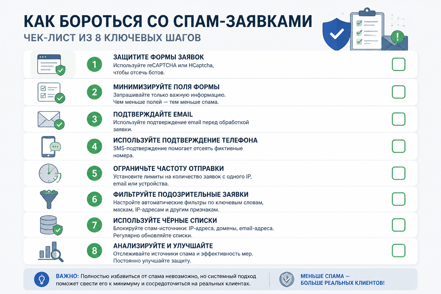 инфографика-чек-лист с ключевыми шагами по борьбе со спам-заявками