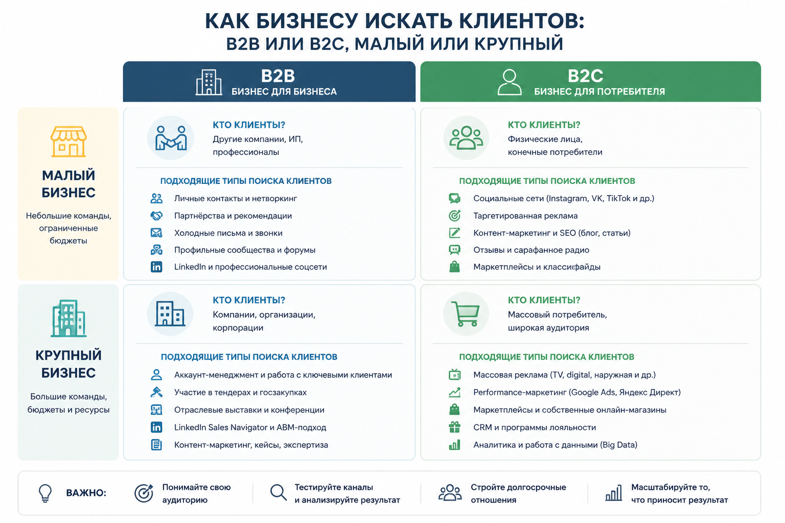 инфографика с разделением бизнеса на B2B и B2C, малый и крупный, и типами поиска клиентов, которые им подходят