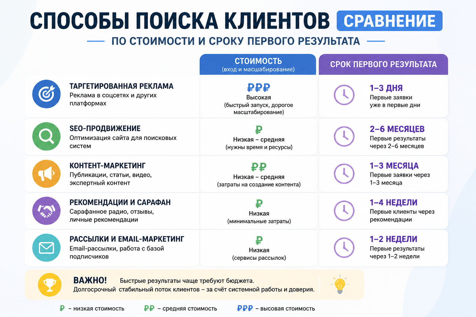 инфографика-сравнение способов поиска клиентов по стоимости и сроку первого результата в формате для соцсетей