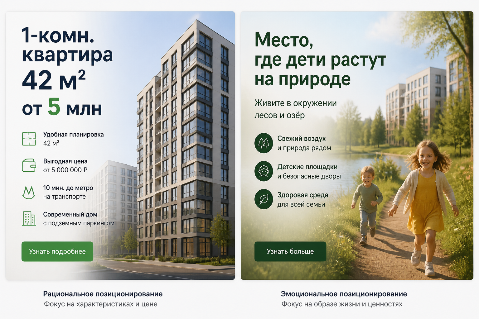 Два варианта рекламного объявления рядом: "1-комн. квартира 42 м² от 5 млн" vs "Место, где дети растут на природе" — визуальное сравнение подходов к позиционированию ЖК