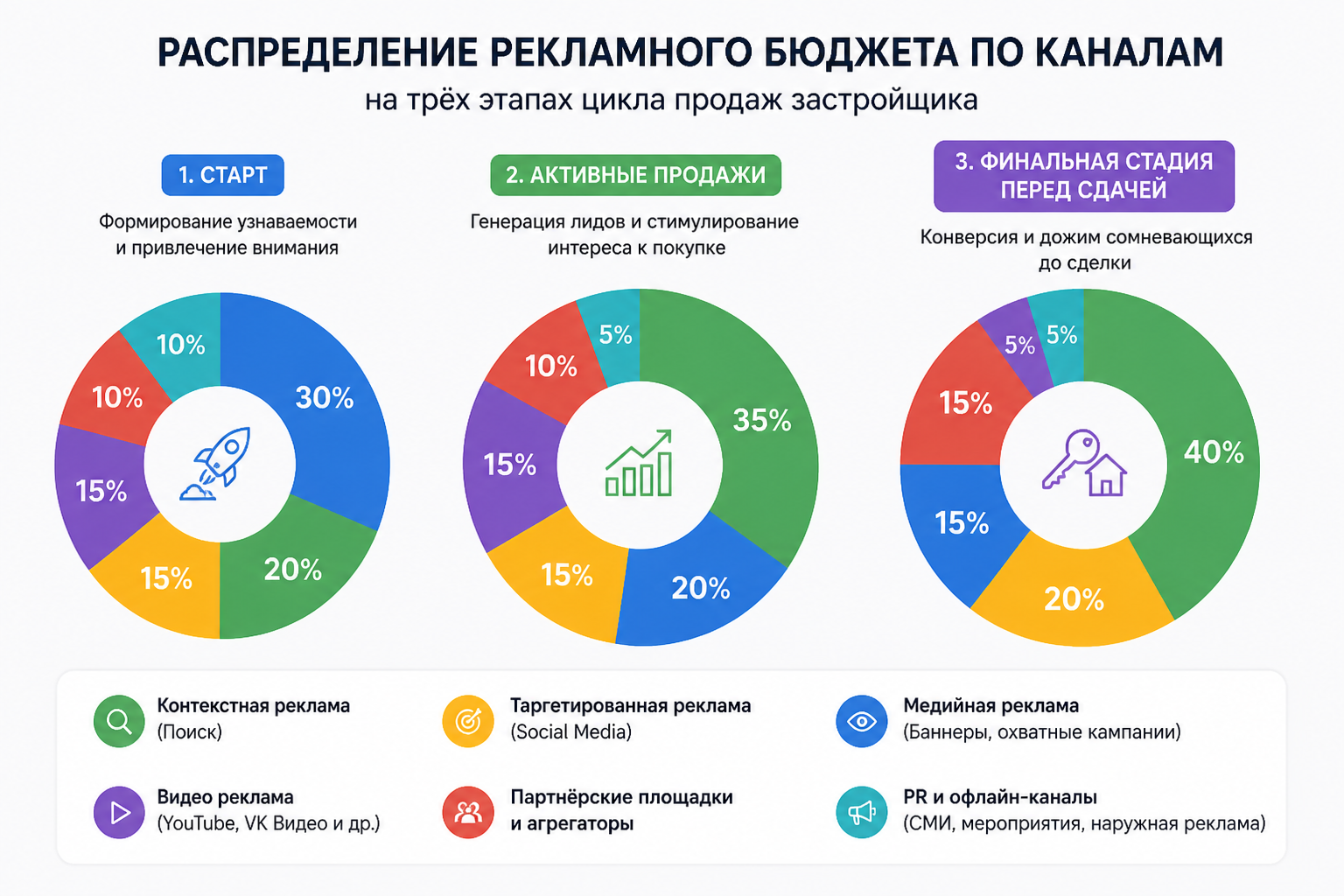 Диаграмма распределения рекламного бюджета по каналам на трёх этапах цикла продаж застройщика: старт, активные продажи, финальная стадия перед сдачей