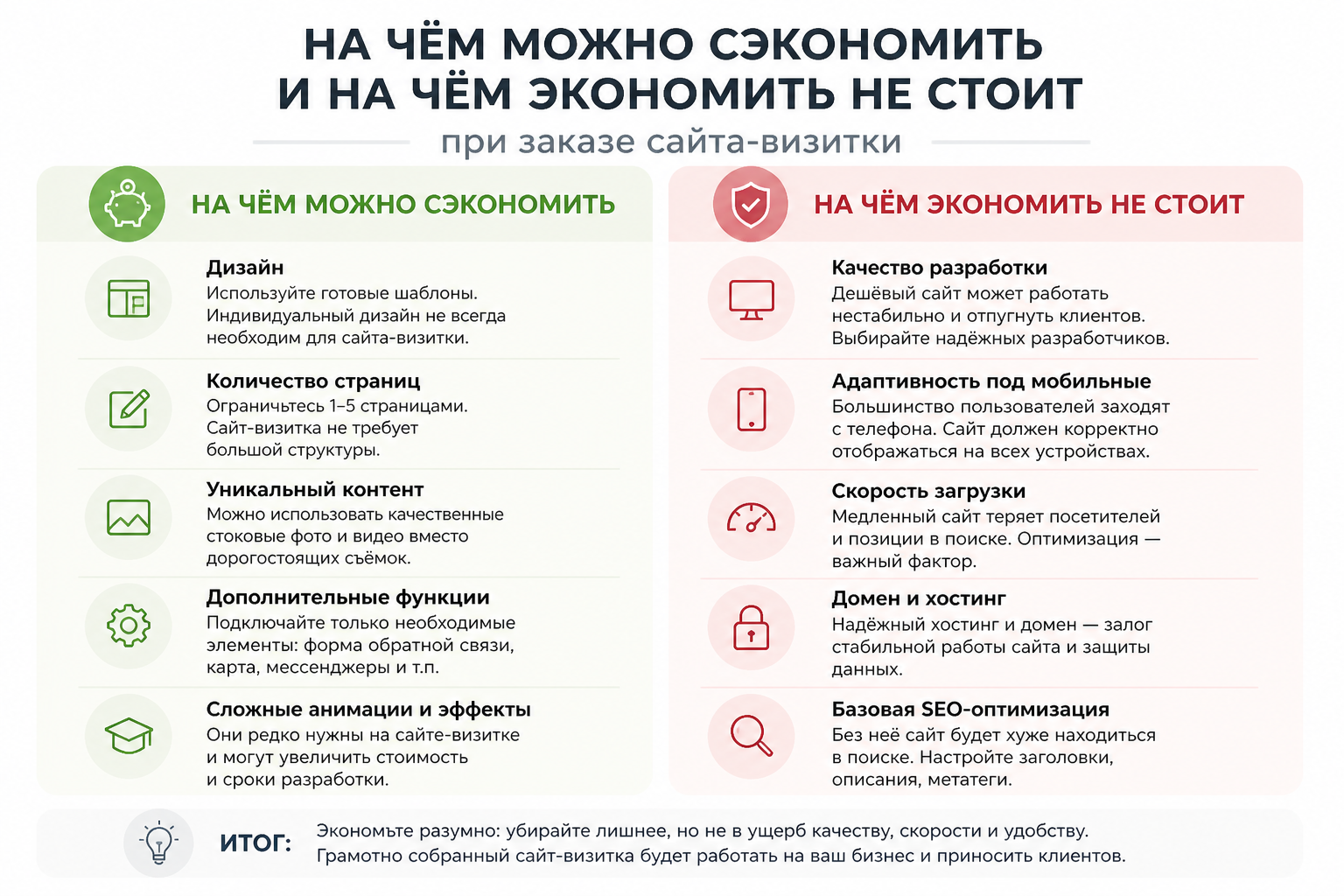 инфографика с двумя колонками — на чём можно сэкономить и на чём экономить не стоит при заказе сайта-визитки