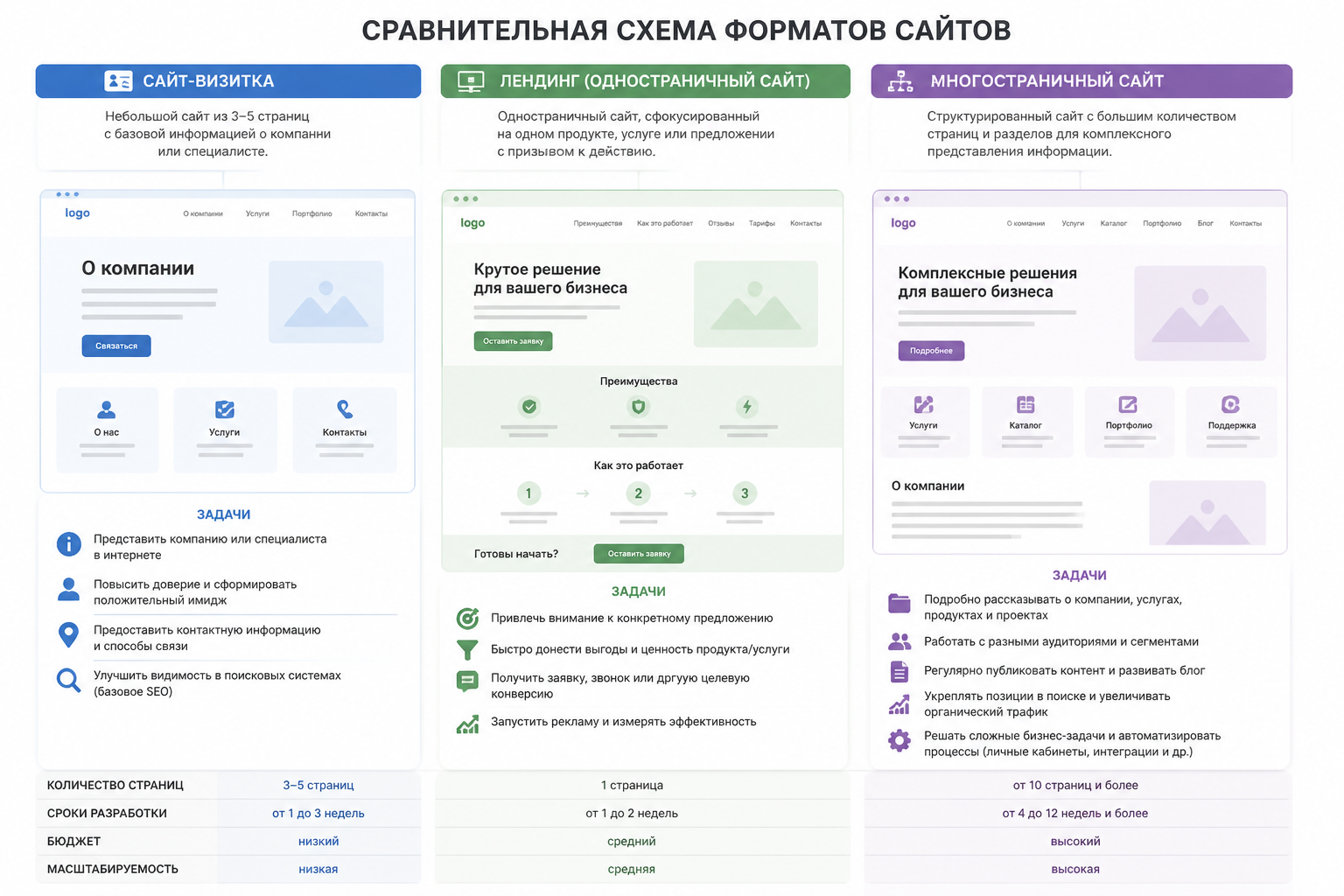 сравнительная схема трёх форматов сайта — визитка, лендинг, многостраничный сайт — с указанием задач каждого формата