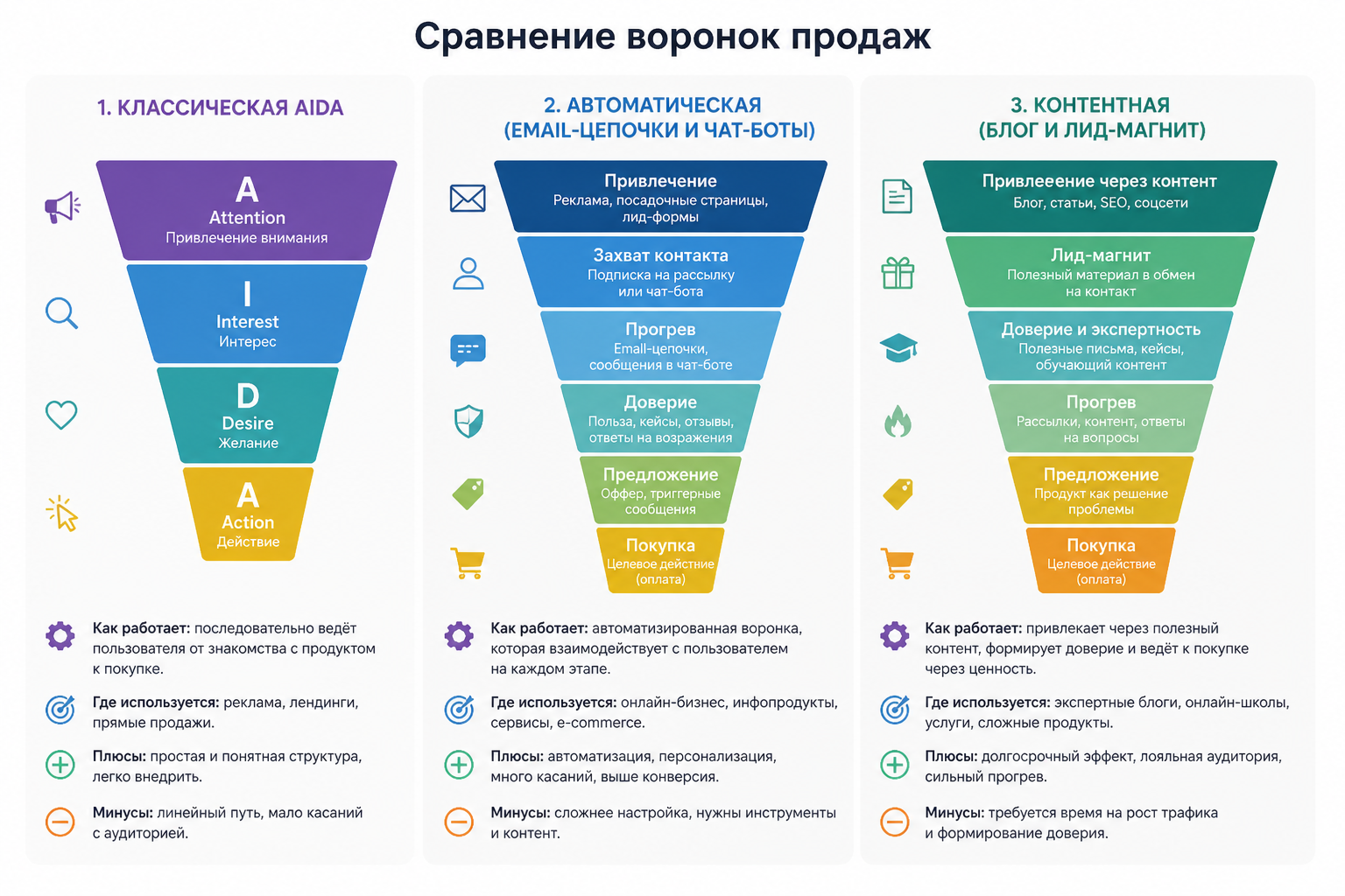 Сравнение трёх схем воронок продаж рядом — классическая AIDA, автоматическая с email-цепочками и чат-ботами, контентная с блогом и лид-магнитом в верхней части