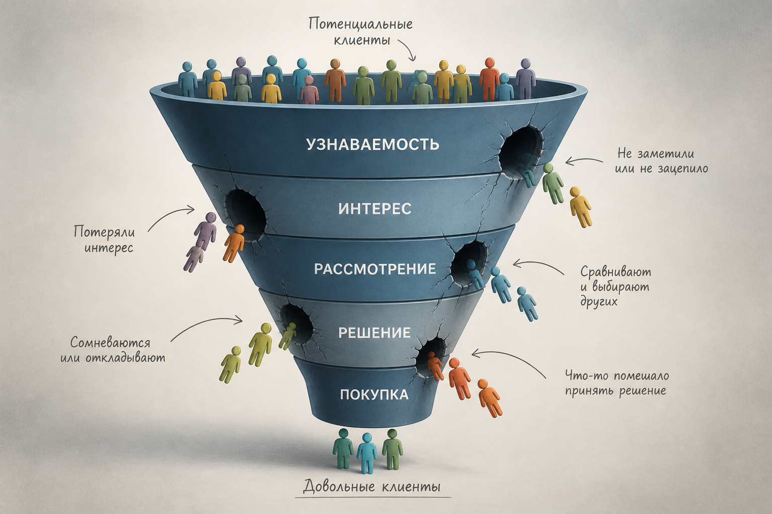 Метафорическая иллюстрация «дырявой воронки» — воронка продаж с отверстиями на разных уровнях, из которых вытекают стилизованные фигурки людей — потенциальные клиенты